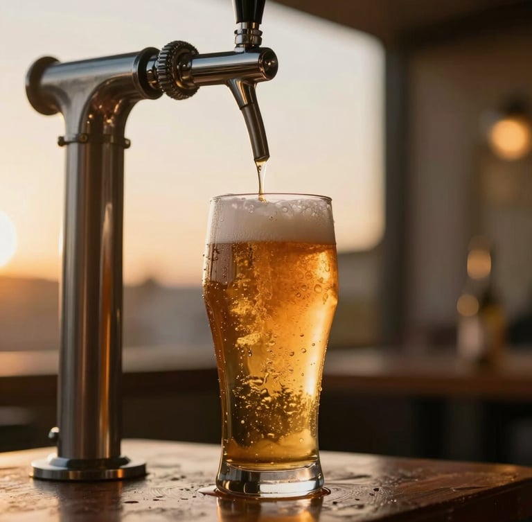 Sleek stainless steel beer tap pouring a perfect amber lager with rich foam, condensation dripping on a cold glass, warm golden hour ambient light, shallow depth of field, 35mm