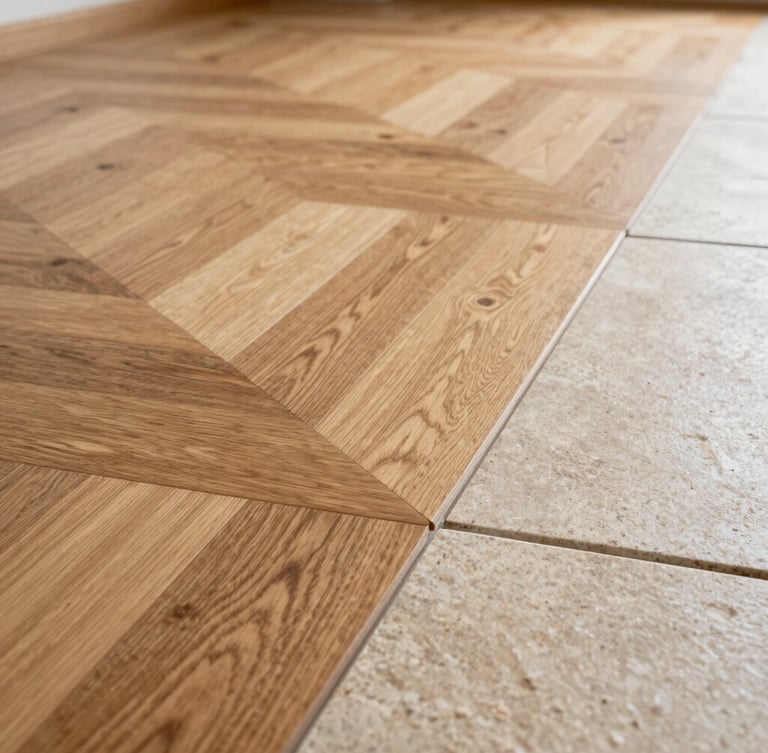 Low-angle close-up of a flawless transition between oak parquet and light stone tiles, warm natural daylight highlighting the precise joint, clean and dust-free environment