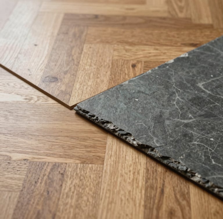 Low-angle close-up of a flawless transition between light oak parquet and modern slate tiles, natural daylight highlighting the precise joints.