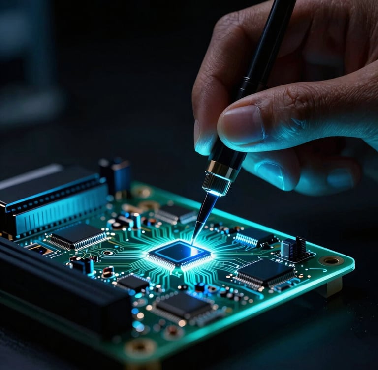Ultra-macro shot of a technician's hands performing precision micro-soldering on a glowing circuit board, electric cyan rim lighting, deep shadows, cleanroom environment, 35mm