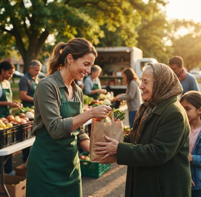 Candid photograph of a volunteer distributing food to a family, warm natural light, focus on genuine interaction, eye-level shot, rich green and gold tones, expansive background of a community setting.