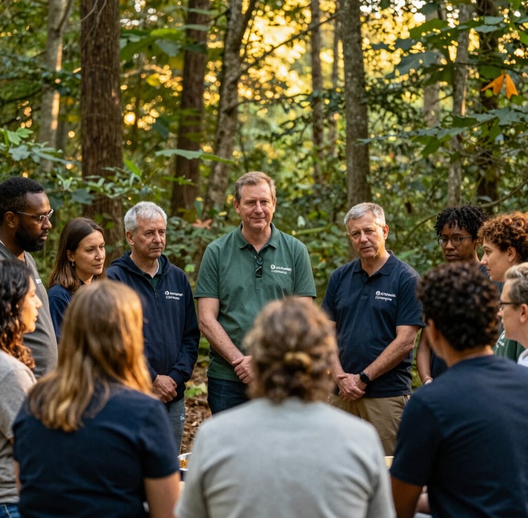 A group of diverse community leaders and volunteers collaborating on a project, warm documentary style, natural daylight, rich forest green and gold tones, 35mm lens