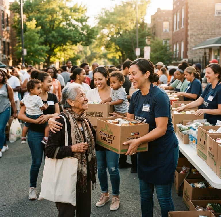 Volunteers actively distributing food boxes to grateful families in a sunny community setting, natural daylight, warm documentary style, 35mm lens