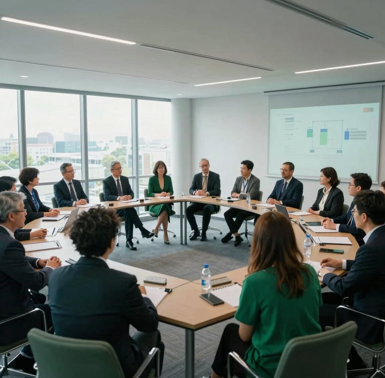Professional roundtable discussion in a modern, light-filled conference room, diverse participants, green tech integration, natural overcast daylight, cool slate and deep emerald tones, wide-angle lens, realistic