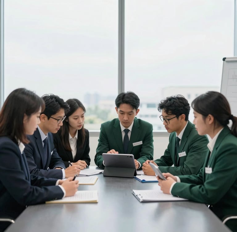 Medium-close shot of diverse professionals collaboratively working on a tablet and documents during a workshop, natural overcast daylight, cool slate and deep emerald tones, wide-angle lens, realistic