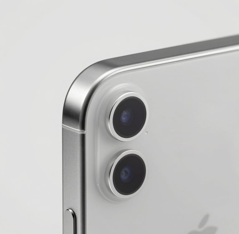 Macro detail shot of a pristine silver iPhone camera lens and matte glass edge, clean studio lighting, soft shadows, neutral gray background