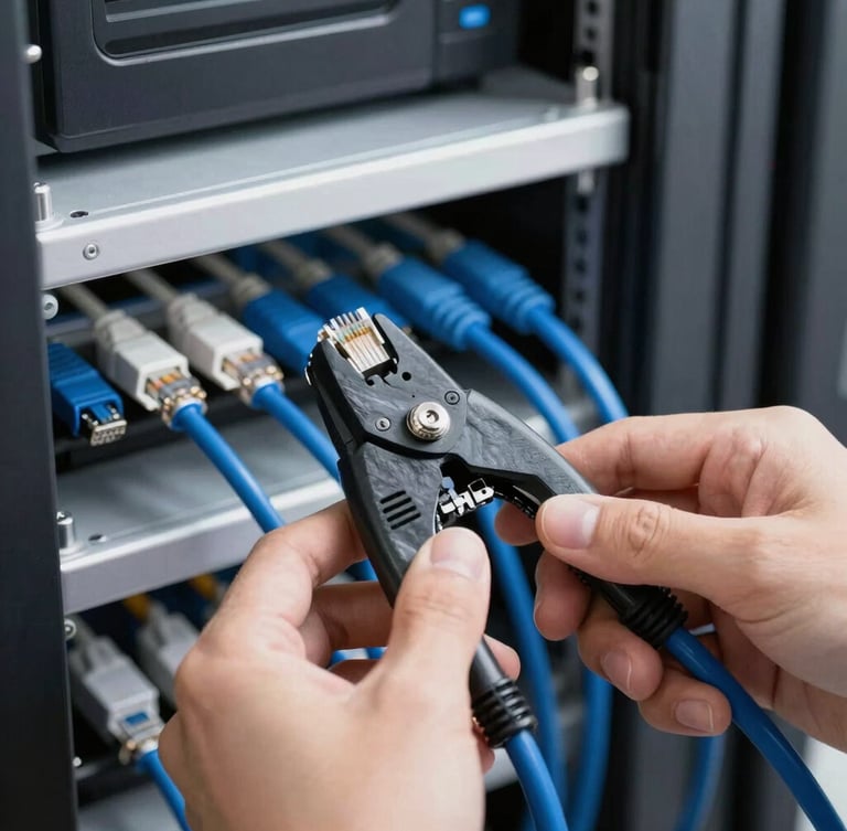 Close-up of hands crimping a blue ethernet cable in a clean, modern server room, high-contrast slate tones, sharp focus, 35mm lens