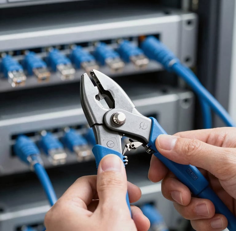 Close up of hands crimping a blue cat6 ethernet cable with professional tools, clean server rack background, cool daylight, sharp focus