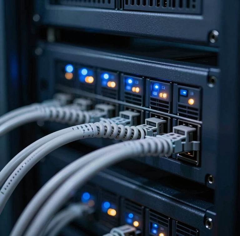 Macro close-up of clean server rack cabling, cool blue and amber indicator lights, sharp focus, 35mm.