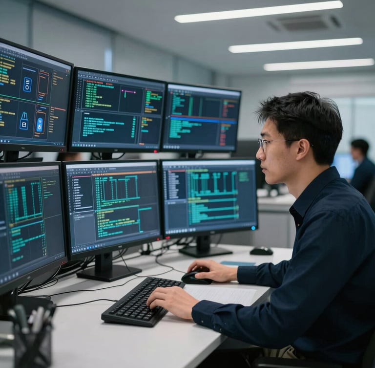 Focused professional analyzing network security data on multiple monitors in a cool-toned corporate operations center, 35mm.