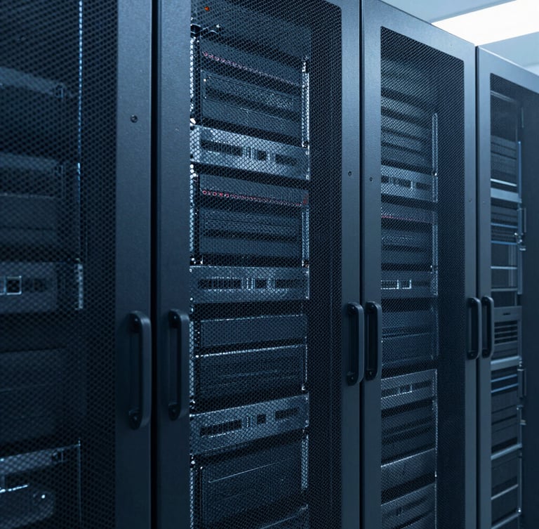 A vertical portrait of clean server racks in a modern data center, cool blue and slate tones, sharp focus, 35mm