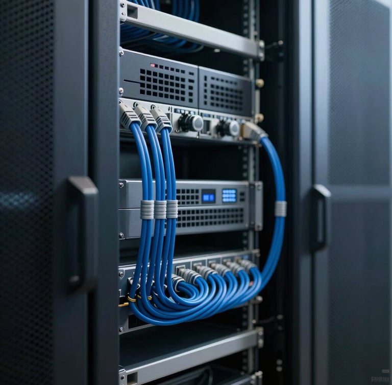 Crisp corporate photography of a modern server room with clean blue cabling, high contrast, sharp focus, 35mm.