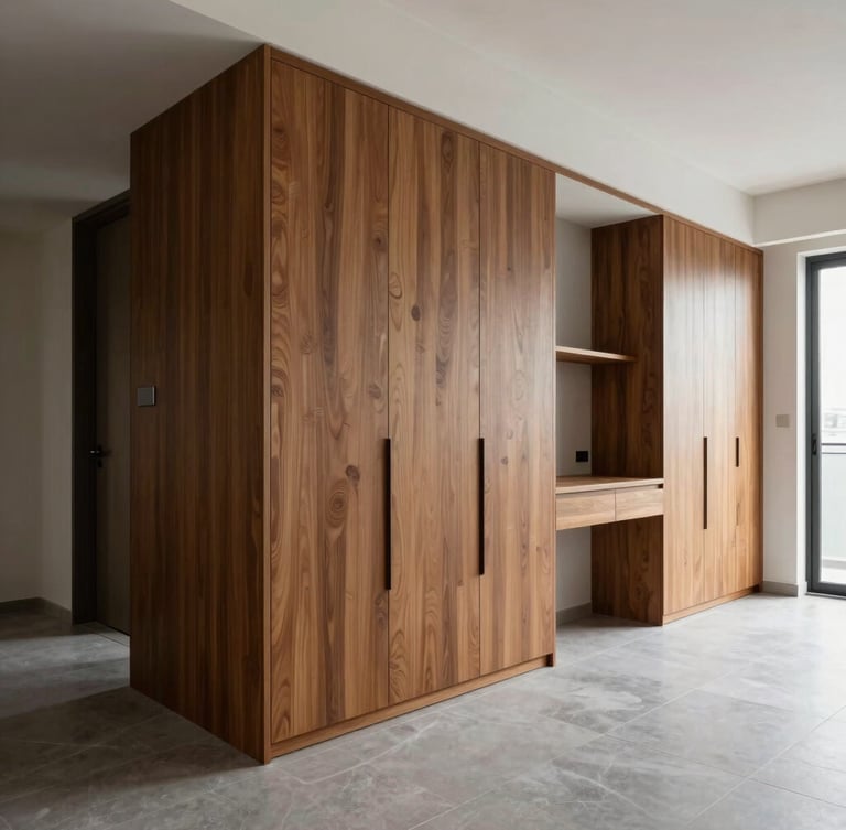 Wide-angle daylight shot of a modern Bangalore apartment living room, featuring clean teak wood cabinetry and minimalist grey slate floor tiles, sharp architectural lines.
