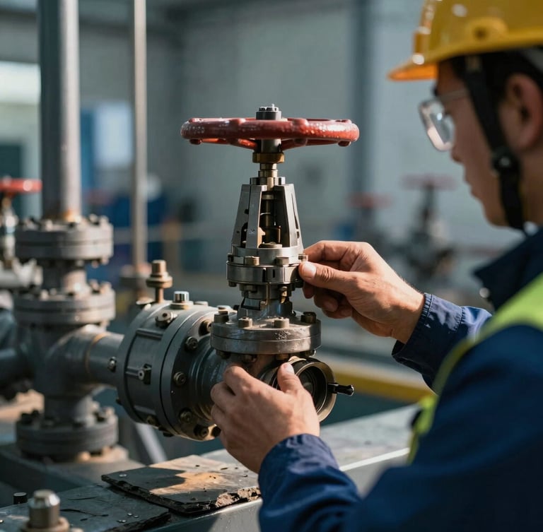 Close-up of a technical operator in safety gear adjusting a high-precision valve at an industrial site, dramatic natural sunlight, cool slate tones