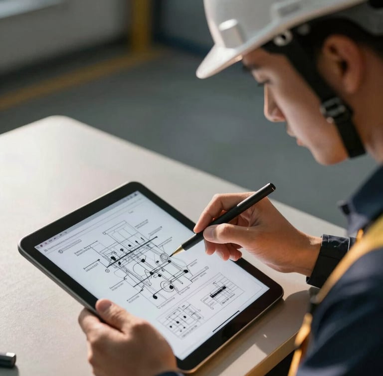 Close-up of an engineer in a safety helmet analyzing technical schematics on a tablet, natural high-contrast industrial light, 35mm lens.