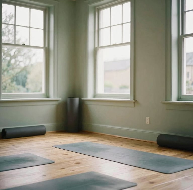 Warm editorial photography of a quiet yoga studio in Ranelagh, soft natural Irish daylight filtering through windows, sage green accents, wooden floors, yoga mats rolled up.
