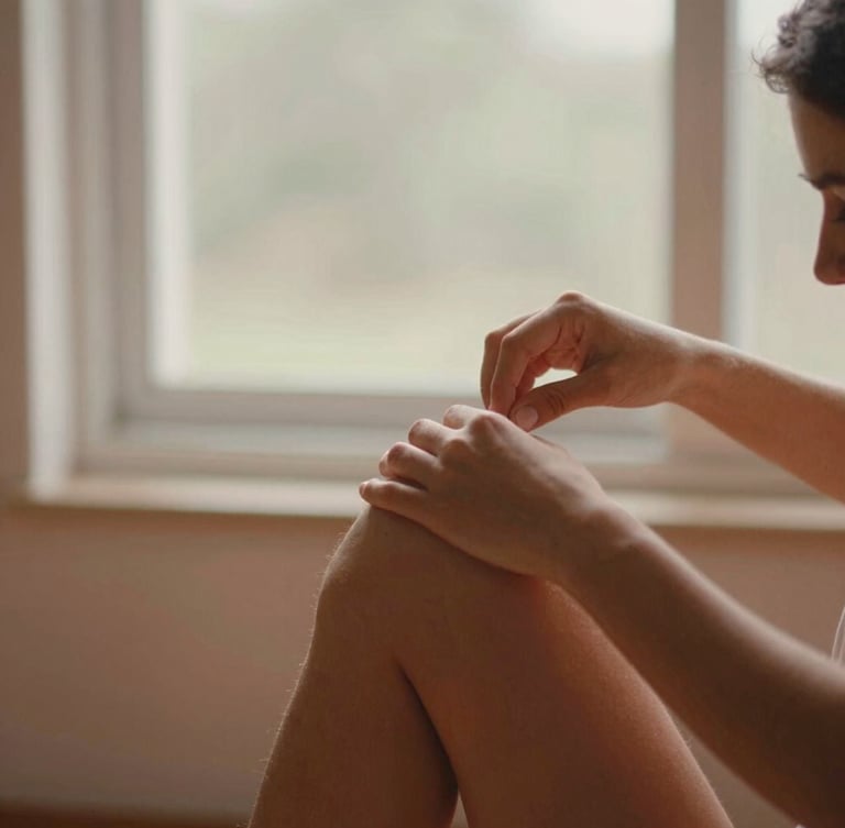 Close-up editorial photograph of Tatiane Reiner gently adjusting a student's shoulder alignment during a pose, warm natural window daylight, soft terracotta tones, shallow depth of field, 35mm film style.