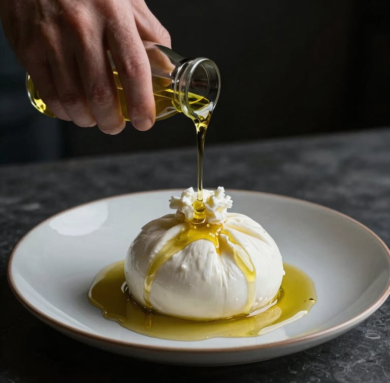 Close-up of hands pouring golden olive oil over a fresh burrata cheese plate, dramatic side lighting, dark moody background emphasizing texture.