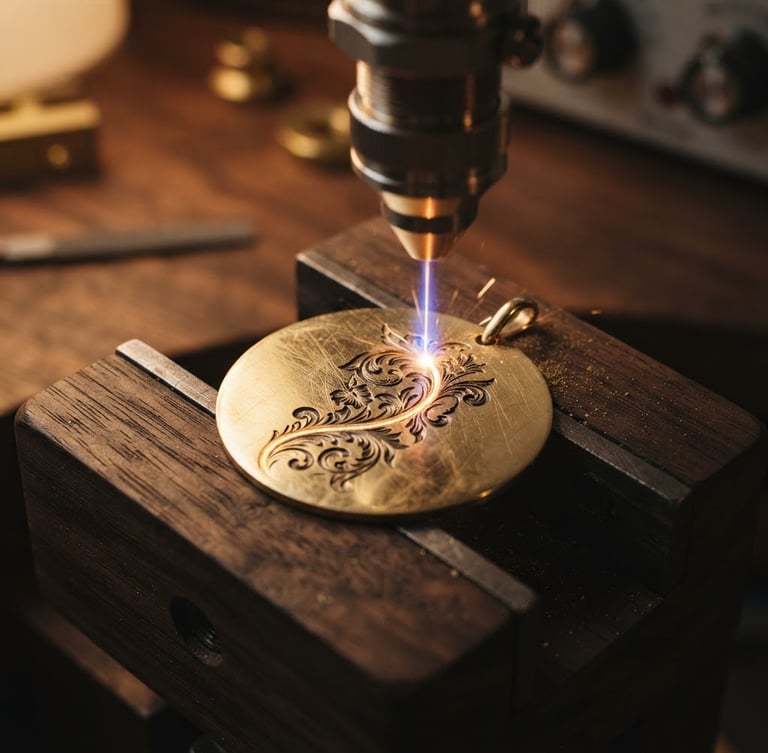 Macro close-up of a delicate gold pendant being precisely engraved by a laser beam, soft side-lighting highlighting the clean metallic texture, warm editorial photography, shallow depth of field