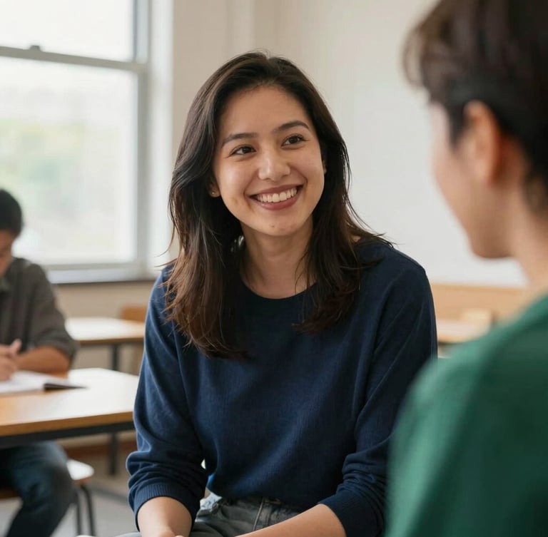 Close-up of a mentoring session in a bright community space, natural window light, warm editorial style, 35mm