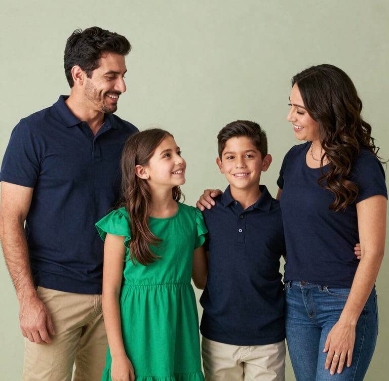 Warm editorial photography of a diverse family in a bright home environment, natural daylight, soft depth of field, 35mm