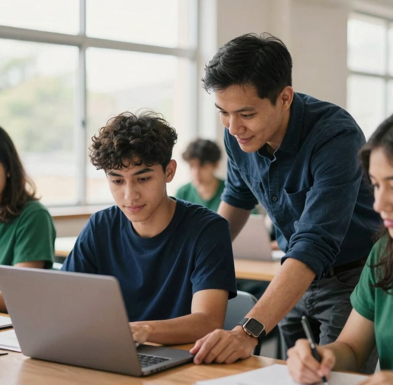 Active community workshop under warm natural window light, a mentor guiding a young adult on a laptop, optimistic atmosphere, shallow depth of field, 35mm