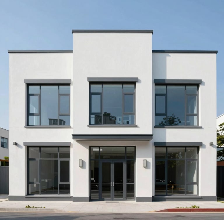Straight-on architectural shot of a newly completed modern commercial property exterior, bright natural daylight, clean lines, 35mm lens