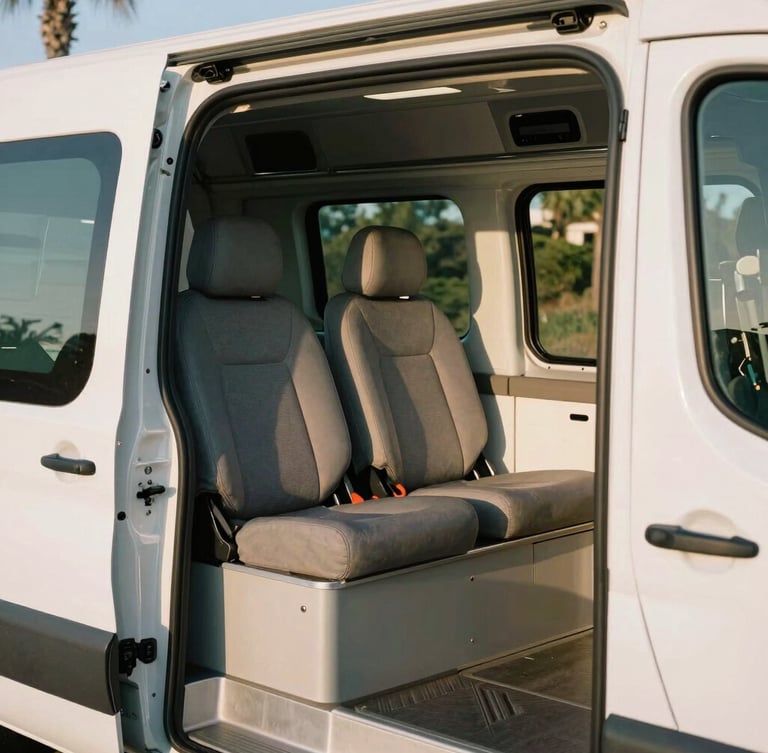 Portrait-oriented shot of a modern, pristine medical transport van's interior, showing comfortable seating and safety features, ready for a patient. Warm California sunlight, shallow depth of field.