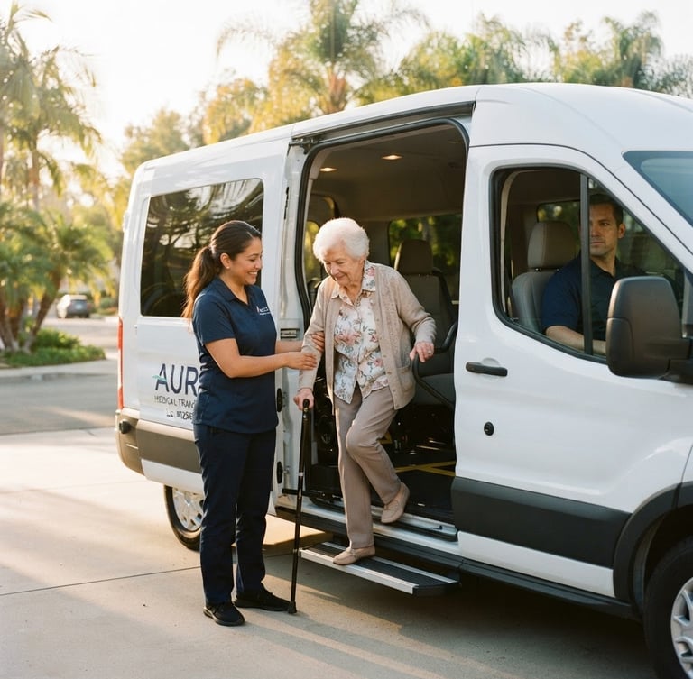Professional caregiver gently assisting a senior woman into a modern, pristine non-emergency medical transport vehicle, bathed in warm California sunlight, vehicle door open, soft focus on their interaction, driver visible in background.