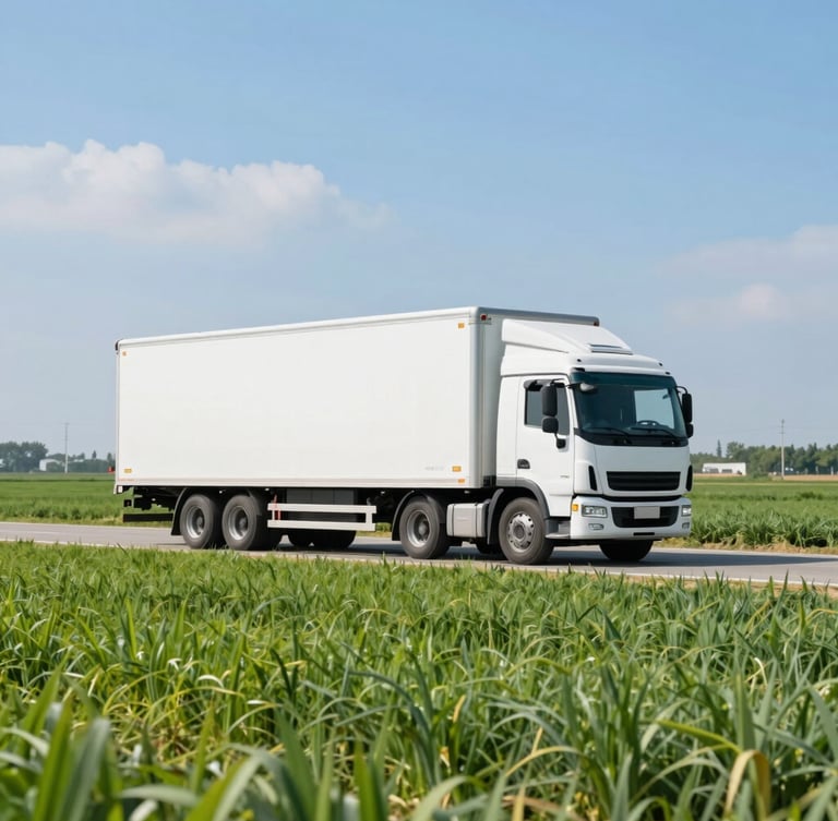Wide panoramic view of a modern refrigerated logistics truck driving past vibrant green agricultural fields under bright, natural daylight, crisp corporate-fresh aesthetic.