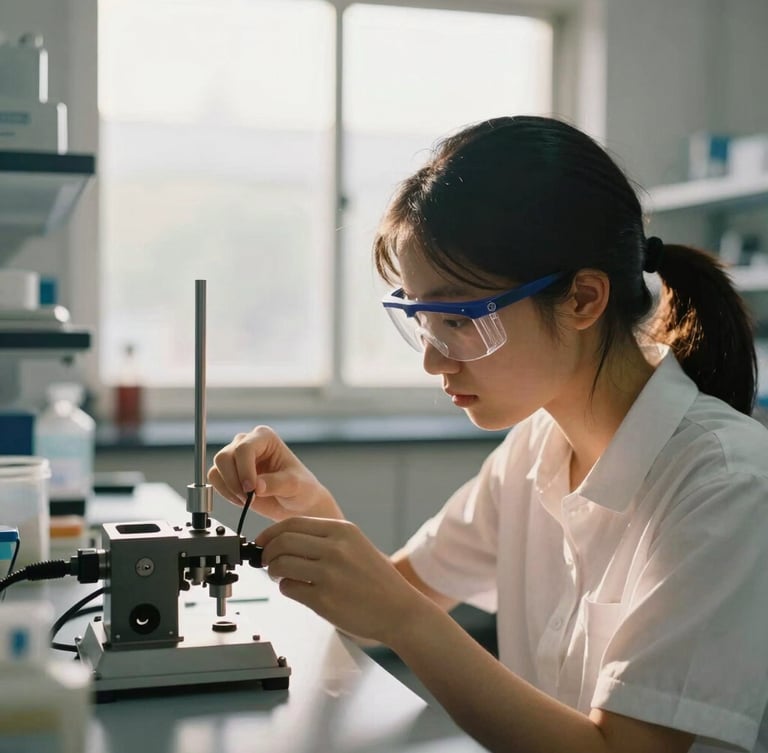 A candid portrait of a female student in safety glasses adjusting a mechanical component in a bright laboratory, soft window daylight, rich organic tones, 35mm.