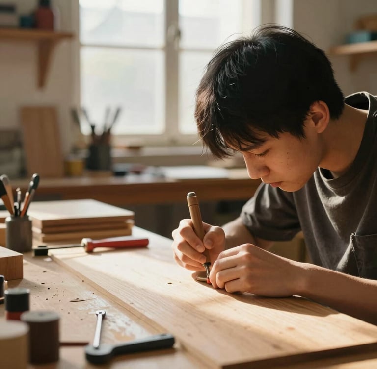 A student in a warm-lit woodshop vocational lab, focusing on hand-tool work, soft window daylight, rich organic tones, shallow depth of field, 35mm.