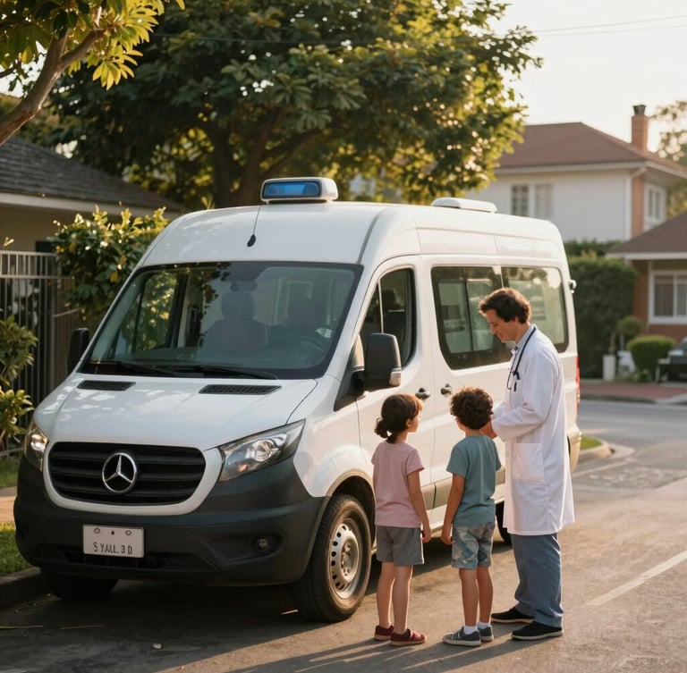 A mobile medical van parked in a sunny neighborhood, a healthcare provider greeting a family with warm golden-hour light, candid, 35mm