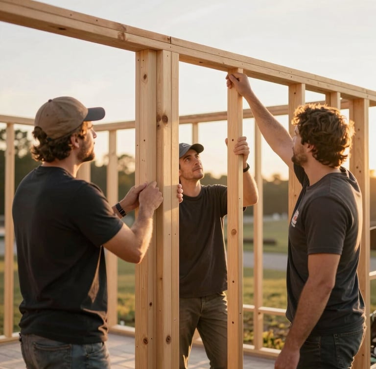 Candid shot of community volunteers framing a wooden house wall under warm golden-hour daylight, shallow depth of field, 35mm