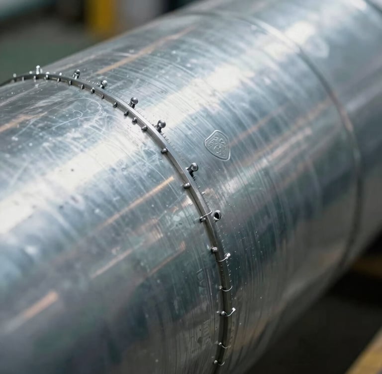 Extreme close-up of a double-wall spiral duct seam, showing the precise metallic lockseam texture and a stamped quality certification mark under harsh factory light.