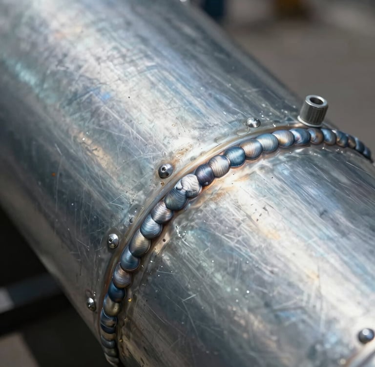 Extreme close-up of airtight pressure-tested seams on a heavy galvanized steel duct, clean welds and rivets.