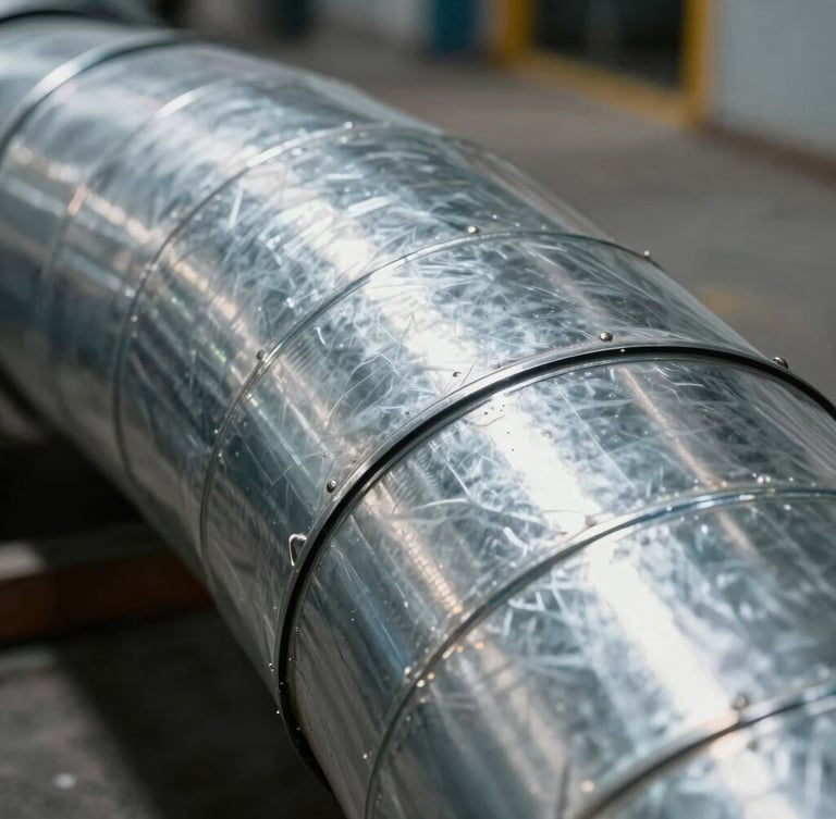 Close-up of a double-wall spiral duct seam, high-contrast industrial factory light reflecting off galvanized steel, sharp metallic textures.