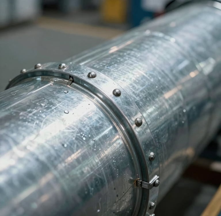 Macro close-up of airtight lock-forming seams on galvanized steel ductwork, high-contrast industrial factory lighting highlighting metallic textures and rivets, shallow depth of field.