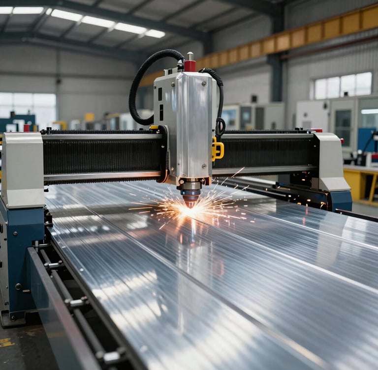 Wide shot of automated fabrication line in a Riyadh factory, CNC plasma cutter slicing through pre-insulated aluminum-clad panels, high-contrast industrial factory lighting, metallic sparks.