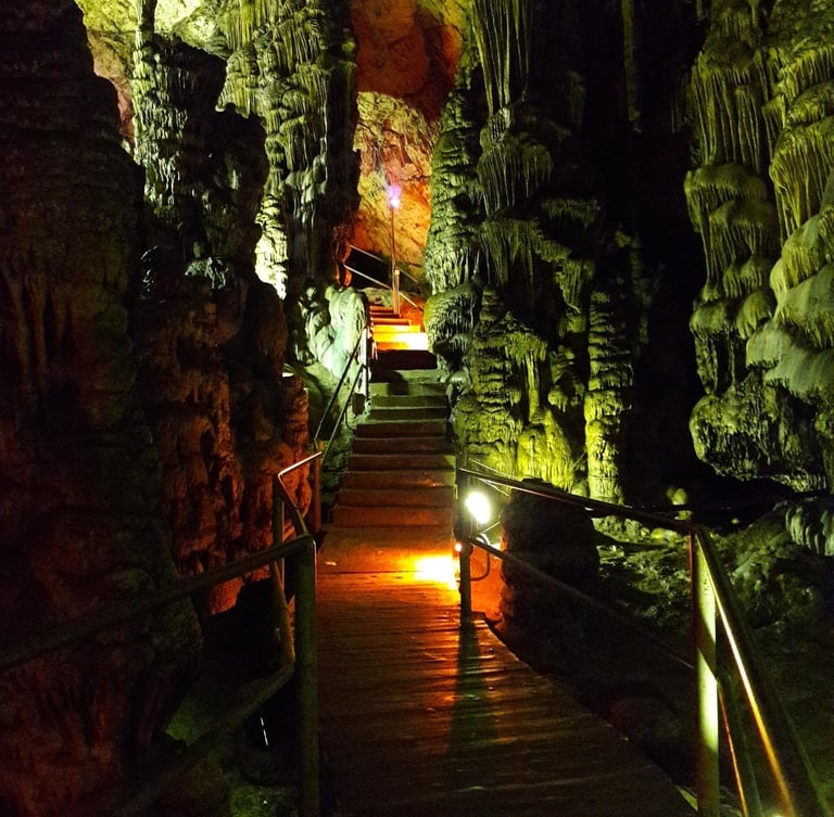 View of stalactites and stalagmites in Psychro Cave (Dikteon Cave) in Crete