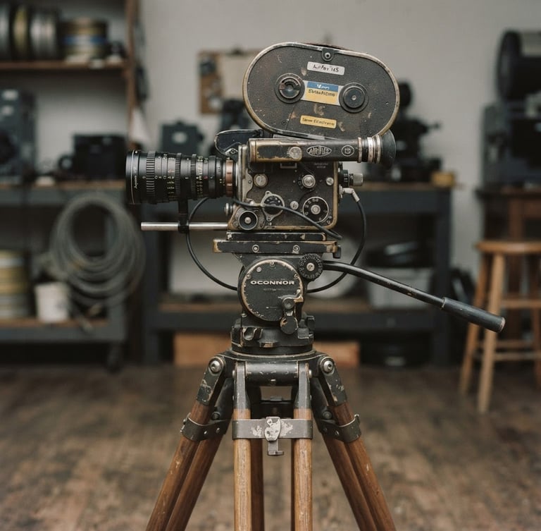 Straight-on eye-level view of a vintage 16mm film camera on a tripod, soft overcast daylight casting gentle shadows, muted desaturated tones, documentary film photography style.