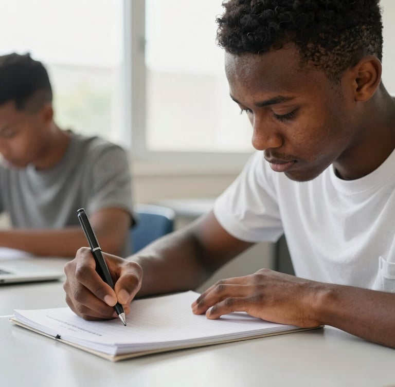Close-up of an Equatorial Guinean student's hands writing notes in a modern university study area, natural window light, focused and determined expression, shallow depth of field.