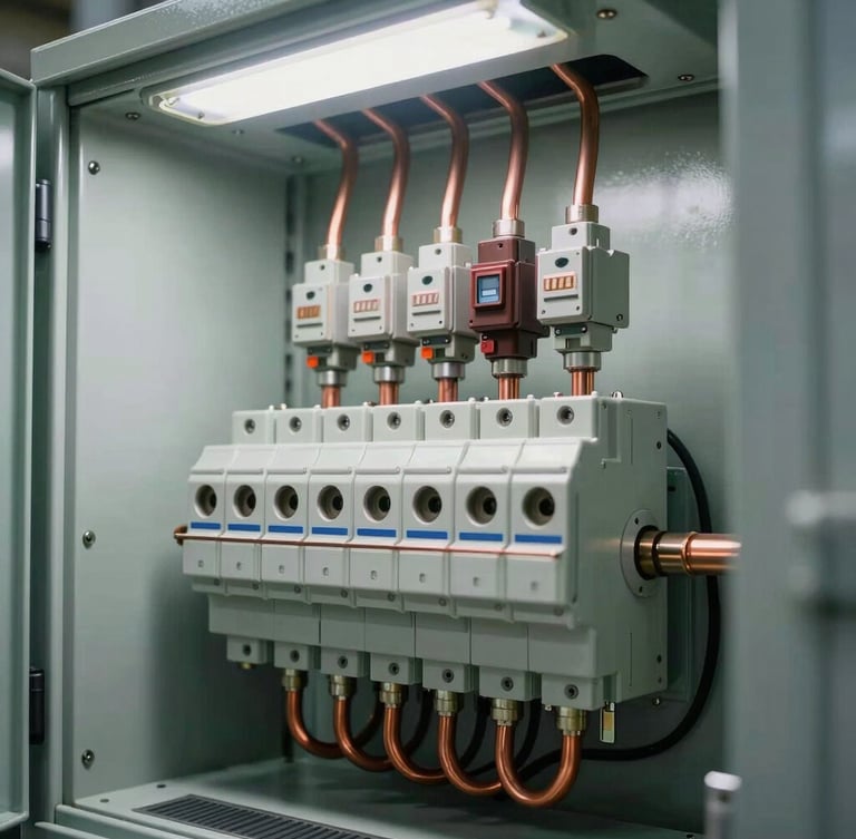 A close-up of a high-voltage switchgear cabinet interior, showing clean wiring blocks, copper busbars, and a vacuum circuit breaker under bright, clean factory overhead lighting.