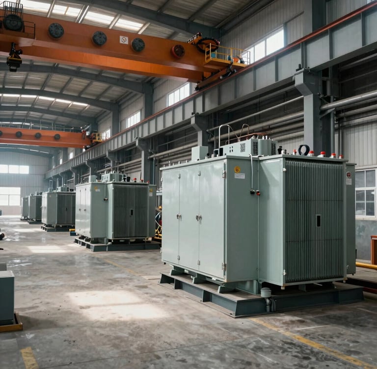Wide shot of a heavy-duty industrial factory floor in Henan, featuring overhead cranes, clean concrete floors, and large steel transformer enclosures in progress under cool industrial daylight.