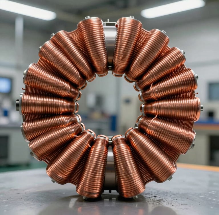 Macro close-up of high-purity copper transformer windings, clean industrial factory floor background, cool overhead LED lighting, sharp focus on wire layers