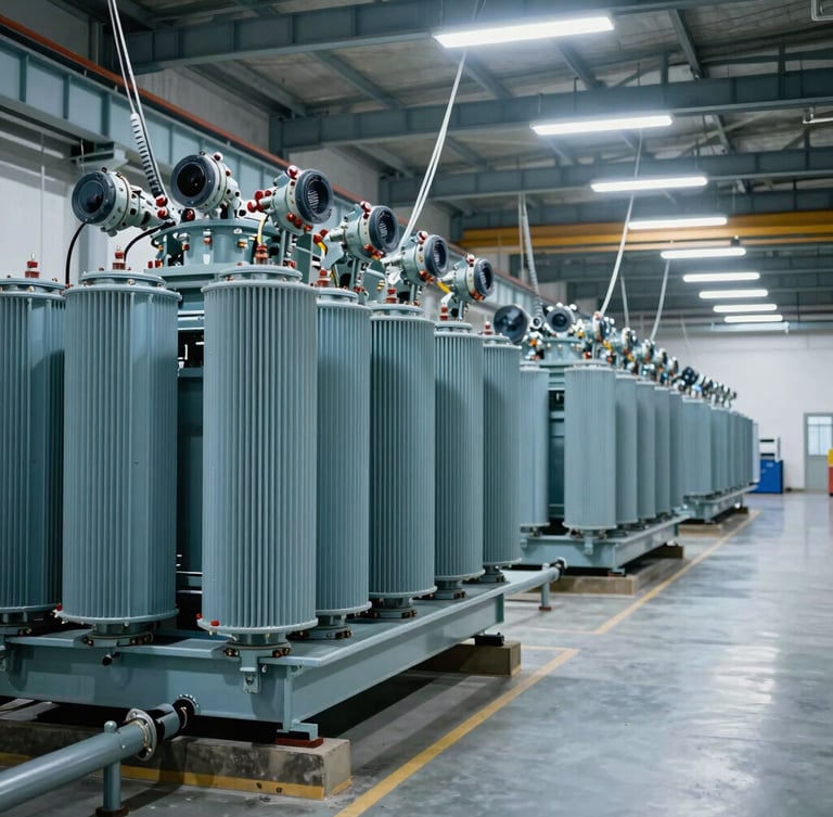 Wide-angle panoramic shot of a clean, modern high-voltage transformer assembly line, steel blue metal casings, overhead industrial factory lighting, negative space on the right side.