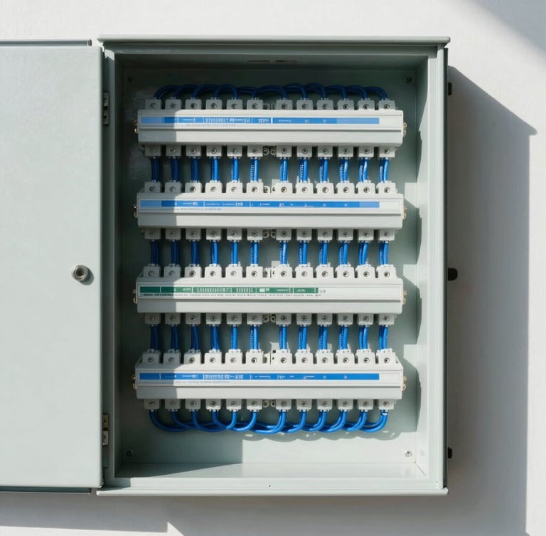 Crisp architectural photography of a perfectly organized modern electrical panel with neat blue wiring, sharp natural daylight, high-contrast composition, 35mm lens.