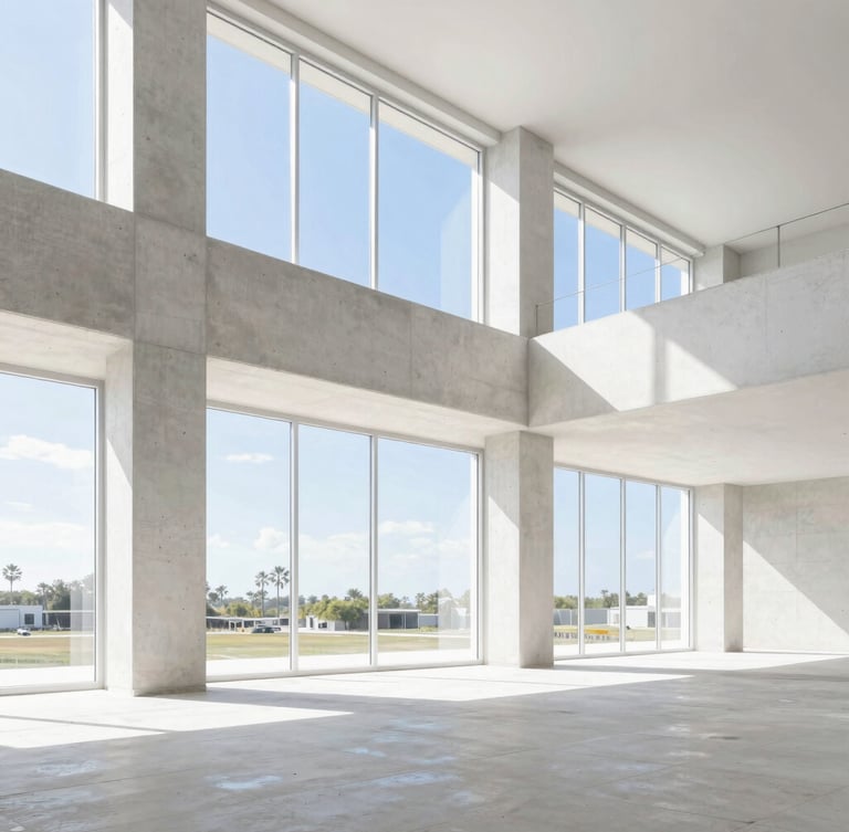 Bright architectural interior under construction, clean concrete pillars, straight-on medium shot, high-key Florida sunlight streaming through large window frames