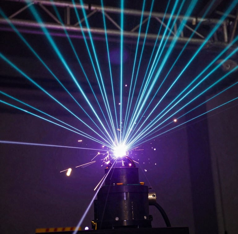 Macro close-up of a high-intensity laser array cutting through deep violet haze, sharp cyan light beams, industrial truss structure visible in background, dark atmospheric lighting.