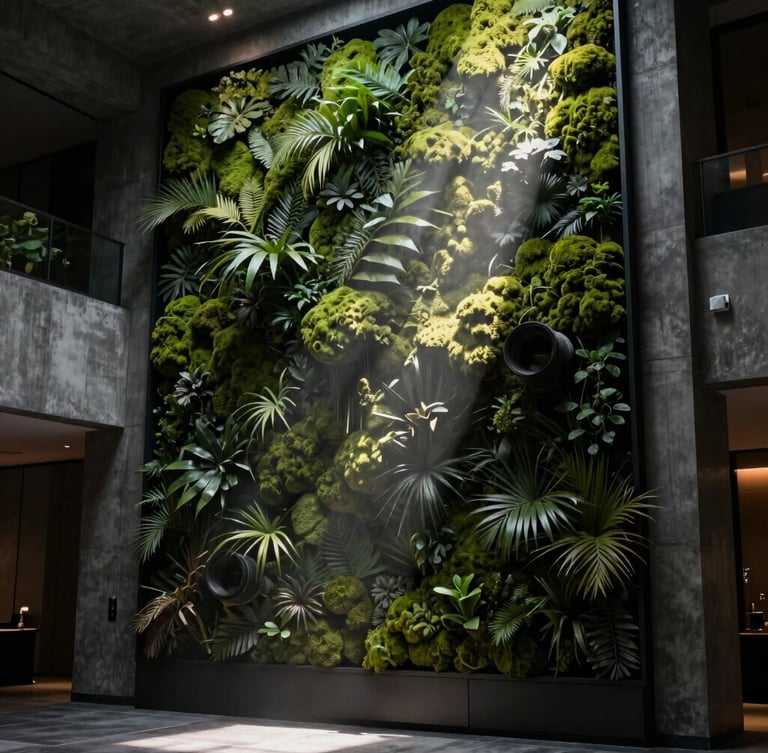 Cinematic architectural photography of a monumental living wall integrated into a dark concrete hotel lobby, dramatic directional light beam cutting through soft mist, deep moss greens and dark charcoal tones, 35mm anamorphic lens.
